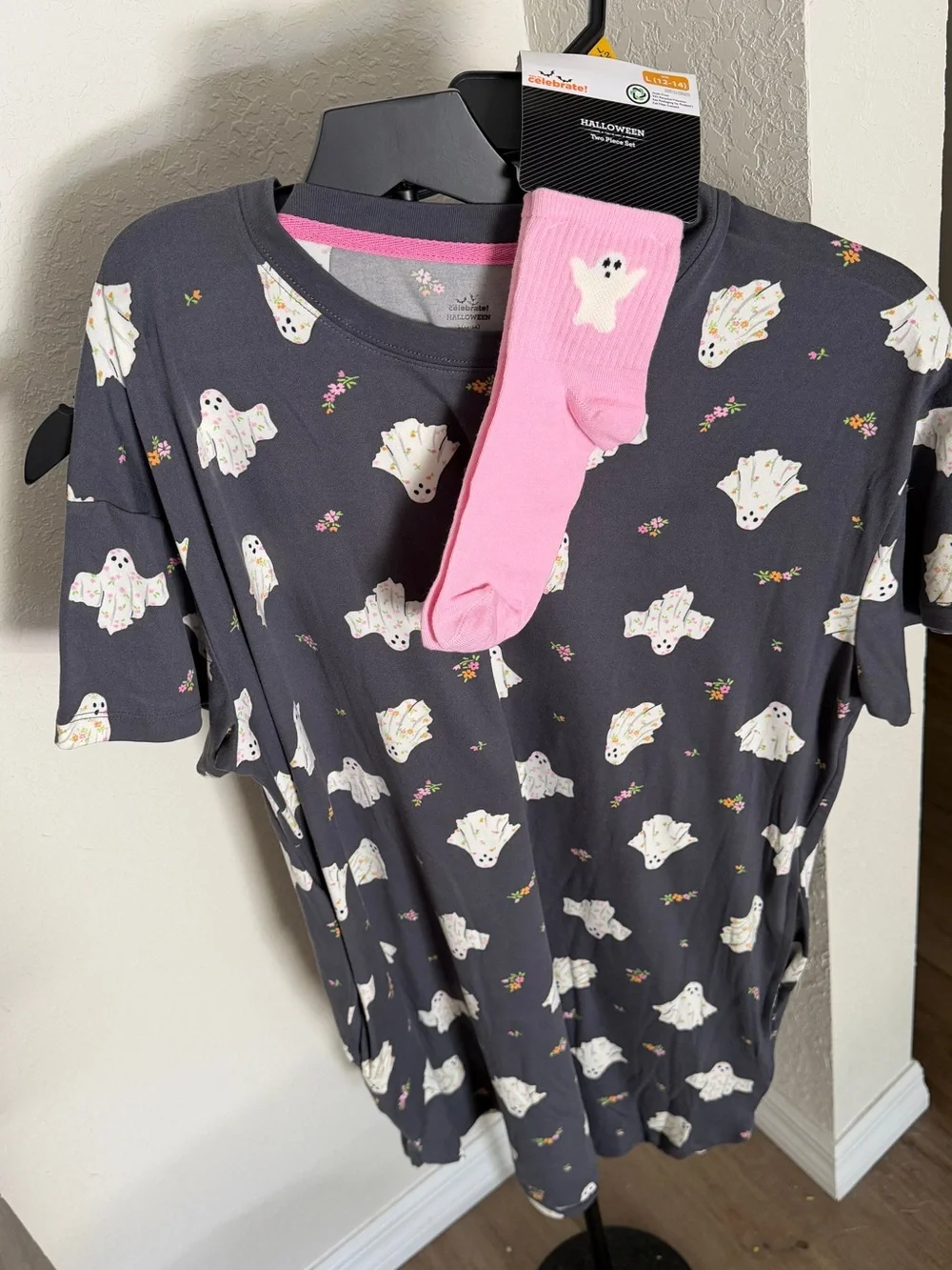 Ghost Print Dark Gray Night gown shirt with Pink Ghost Socks